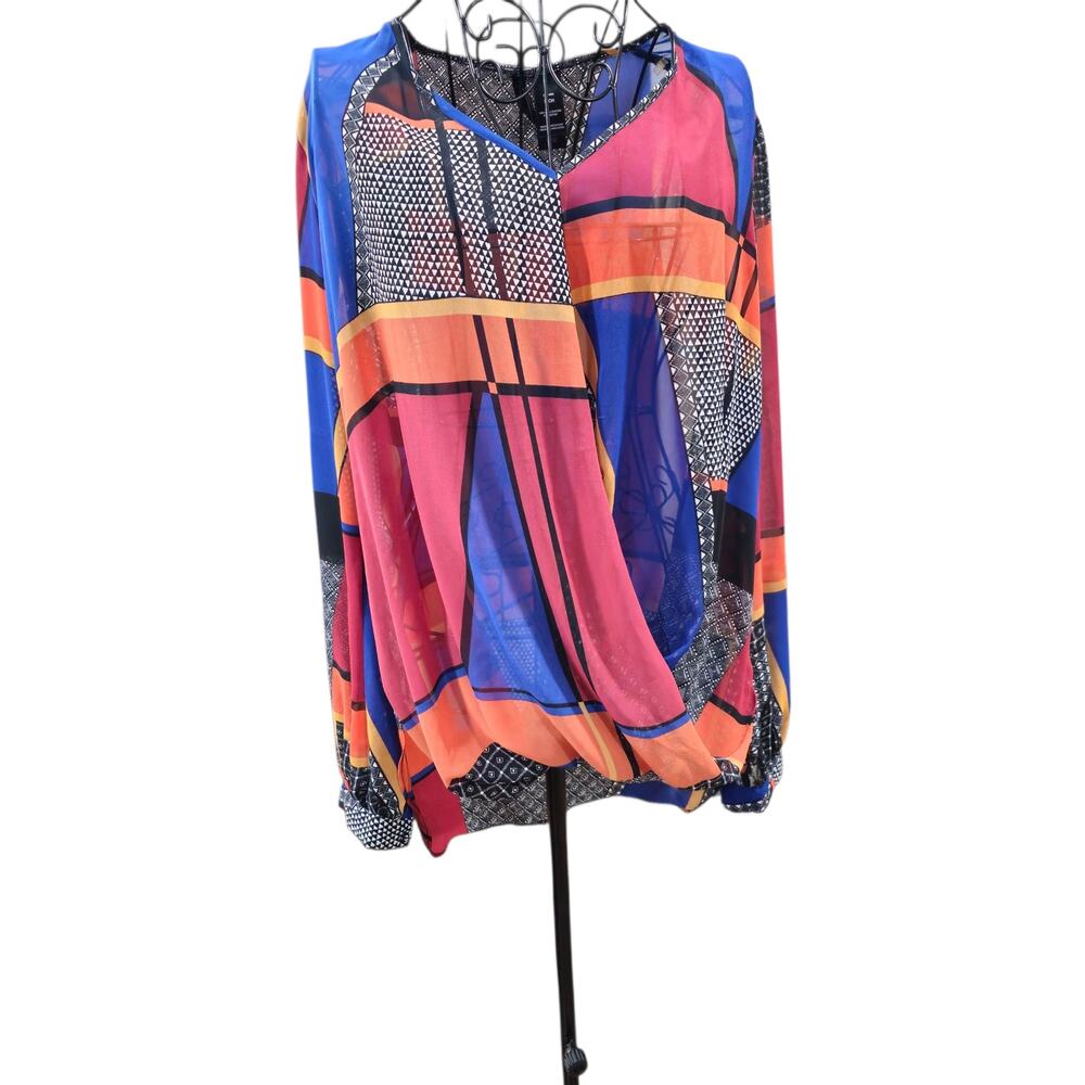 Bisou Bisou  Michele BohBot  Sheer High Low Faux Wrap Top Size S/CH Multi Color